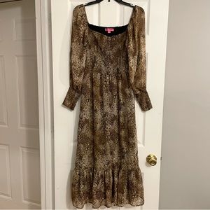 Betsey Johnson Brown / Beige Square Neck Long Sleeve Smocked Maxi Dress